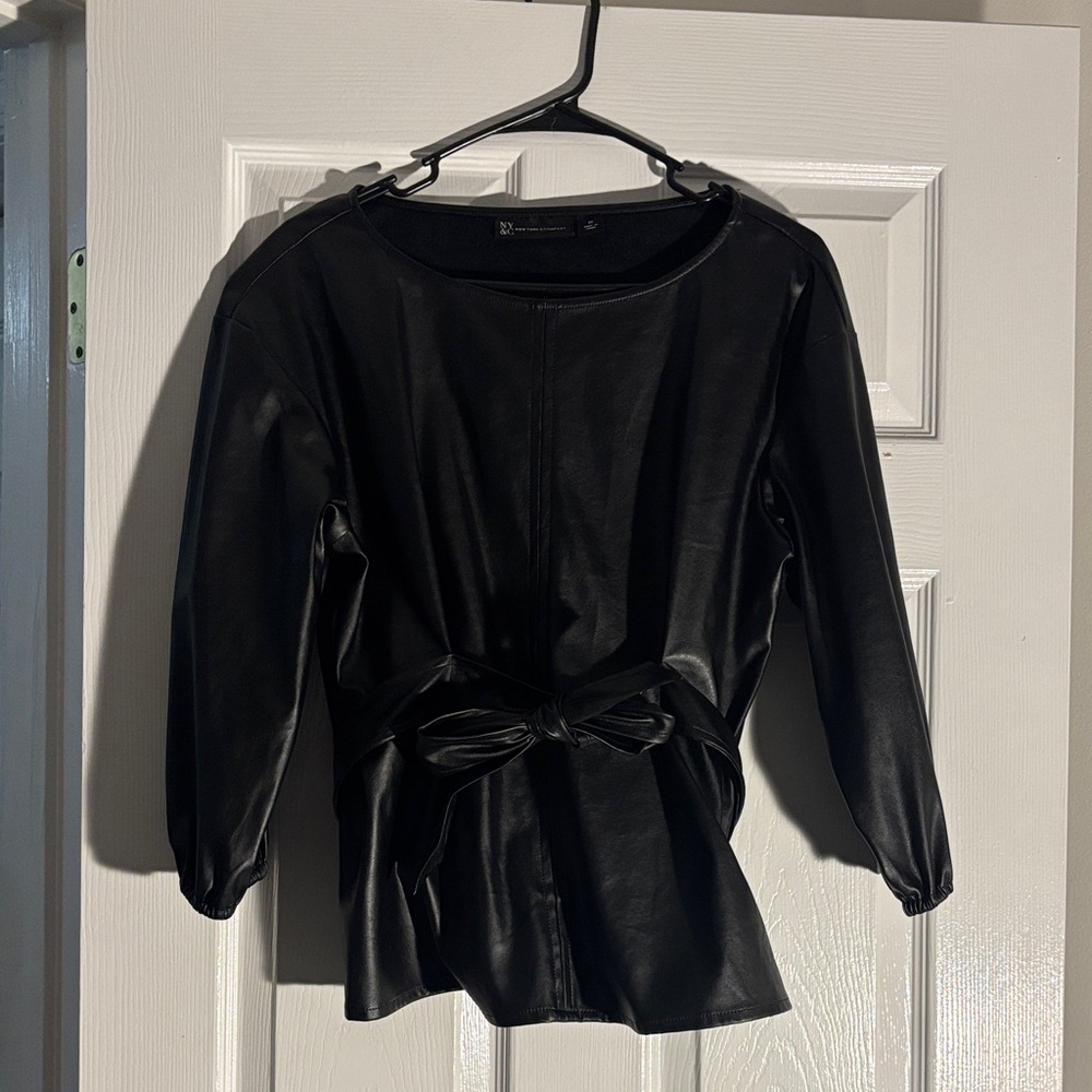 New York & Company Black Faux Leather Blouse